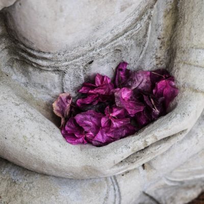 statue with cupping purple flowers